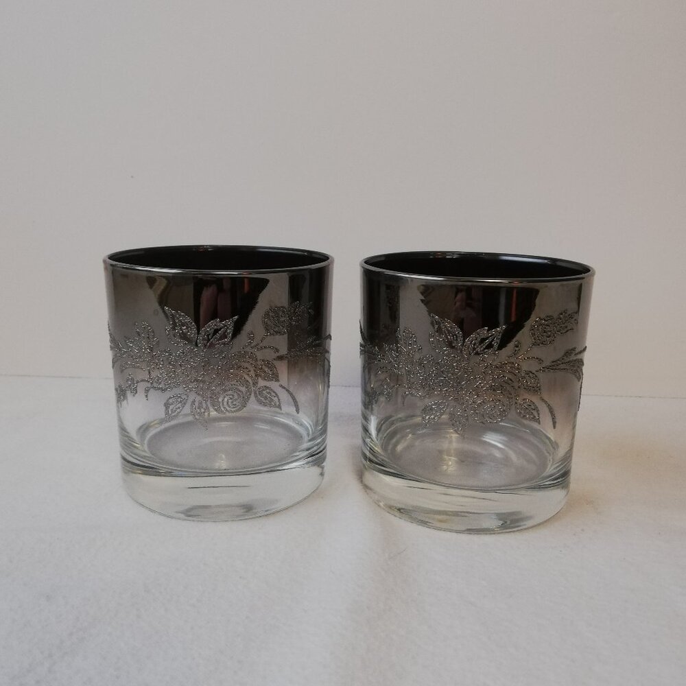 Vintage  Embossed Lowball Glasses With Silver Rim Set of 2